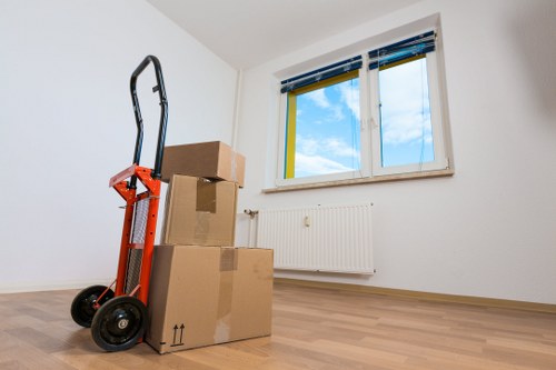 Boxes and furniture being loaded into a van for transport