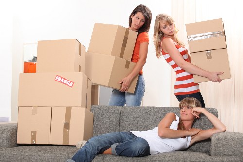 Office relocation equipment and furniture prepared for a business move